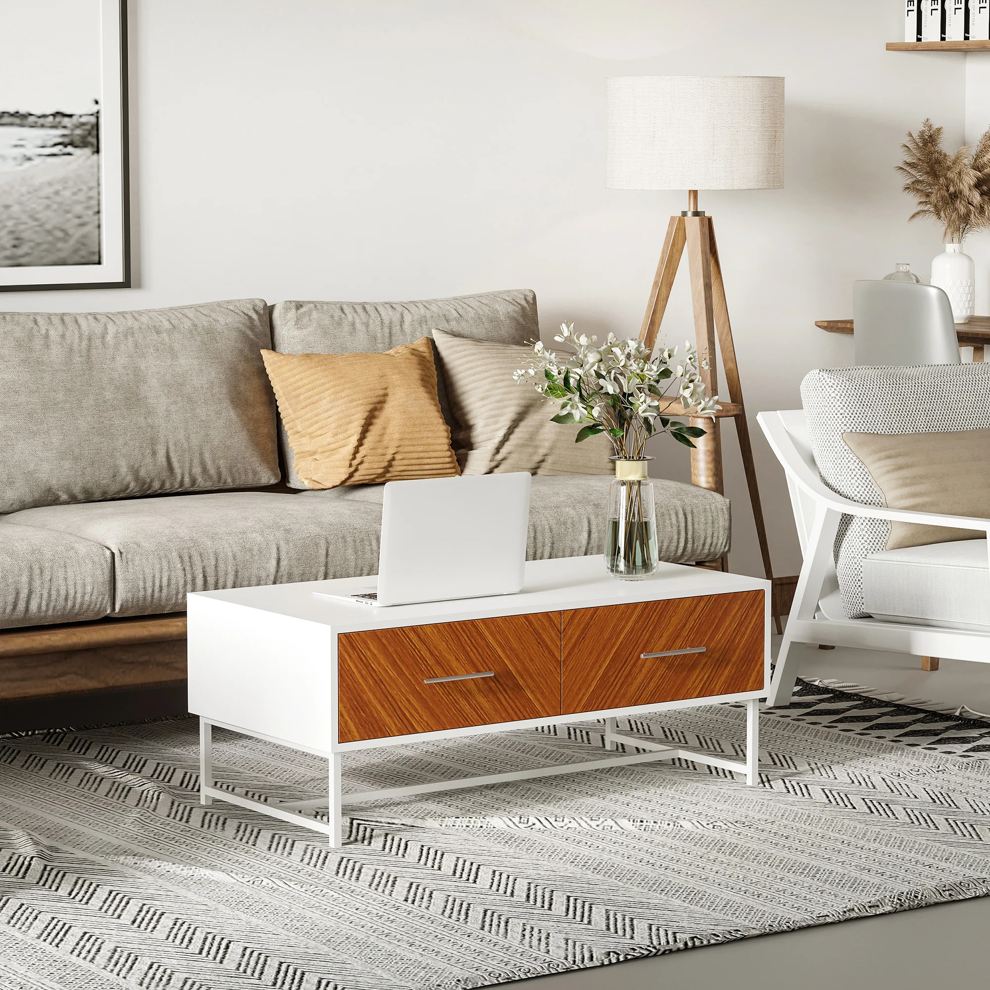 Mesa De Centro Homcom Con 2 Cajones Y Comedia Abierto, Mesa De Salón Baja De Madera Y Metal, 100X50X40 Cm, Blanco Ymazón