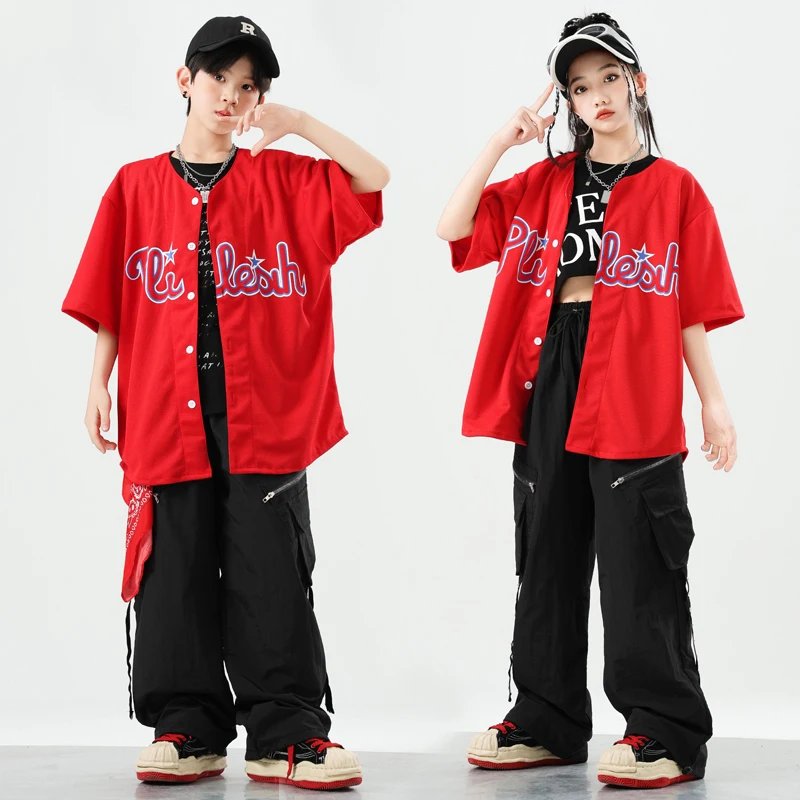 

Handsome Hip Hop Dance Clothes Boys Short Sleeves Street Wear Red Shirt Black Pants Girls Drum Jazz Performance Suit BL15625