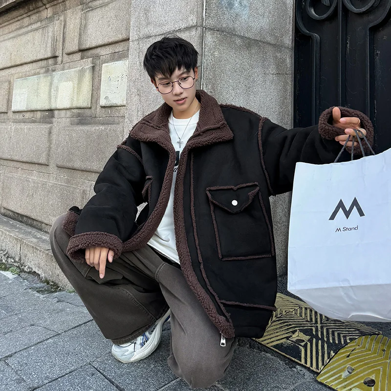 GIOIOMen's Jacket，Winter Fleece-Lined Thickened Warm Turn-Down Collar Three-Dimensional Large Pocket Loose Casual Coat Jacket