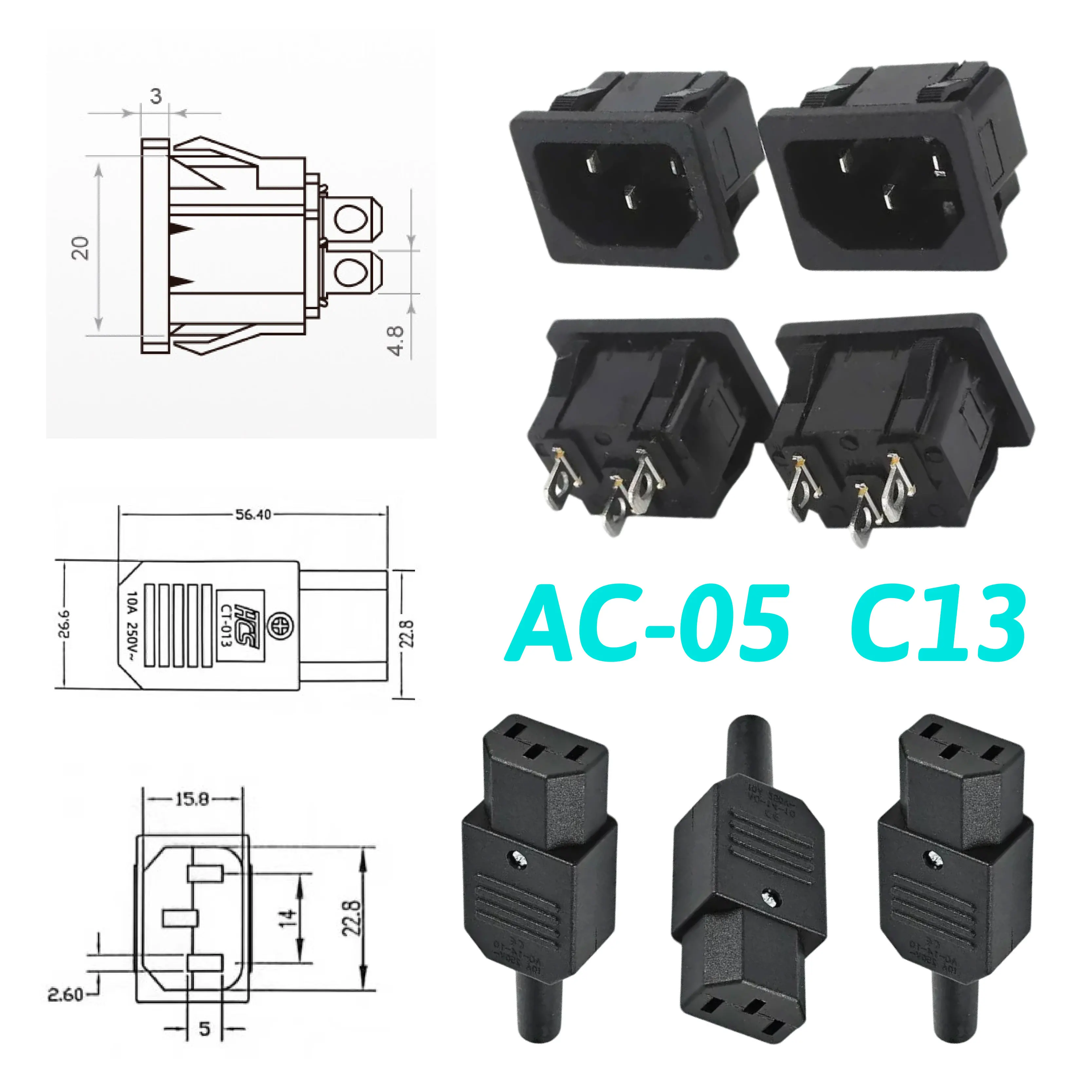 

IEC320 C13 AC-05 Power Panel Socket Rewirable Wiring Plug Electric Battery Receptacle Docking Outlet 10A 250V