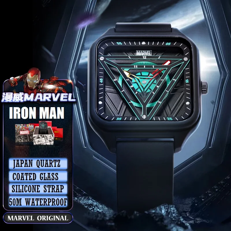 Marvel For Mens Watch Iron Man Rectangle Quartz Wristwatch Avengers Arc Reactor Dial Male Casual Clock Coated Glass Montre Homme