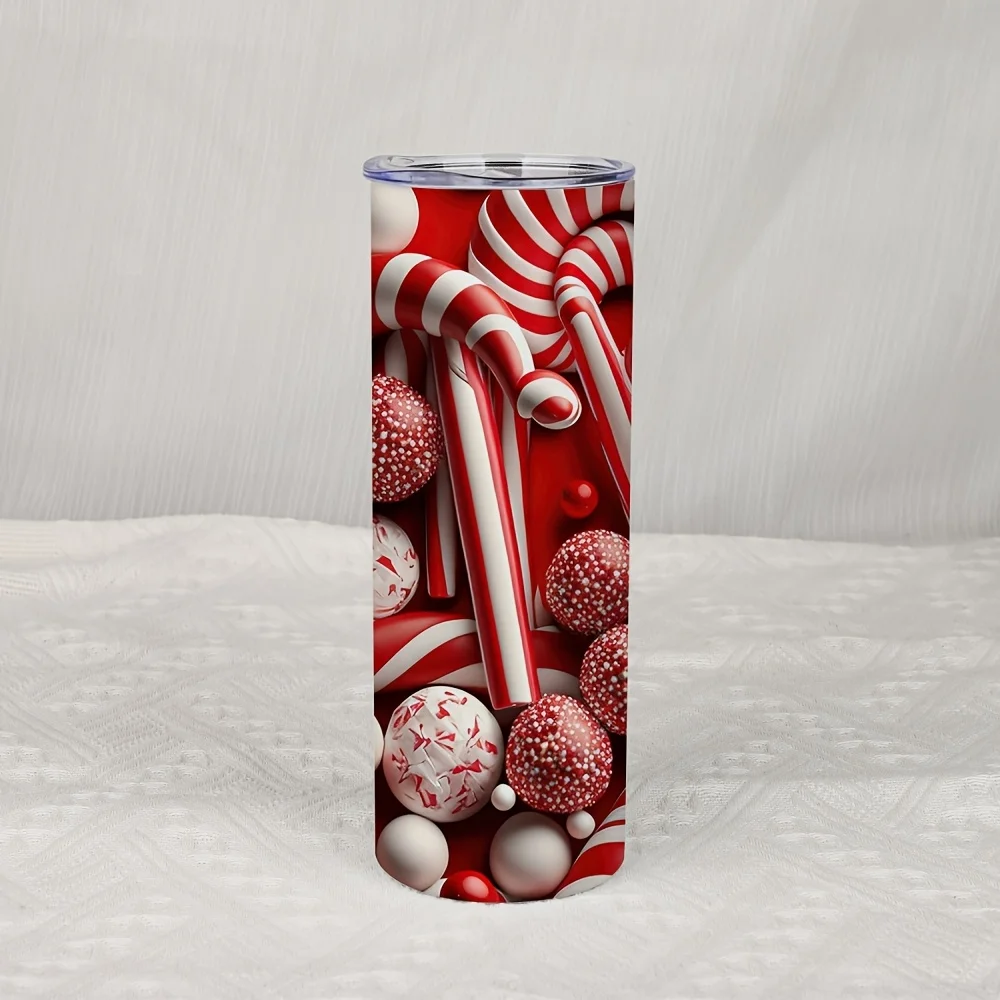 1pc 20oz Stainless Steel Insulated Tumbler with Straw, Featuring a Candy and Candy Cane Pattern, Suitable for Car, Home, and Daily Use, a Gift for Family and Friends