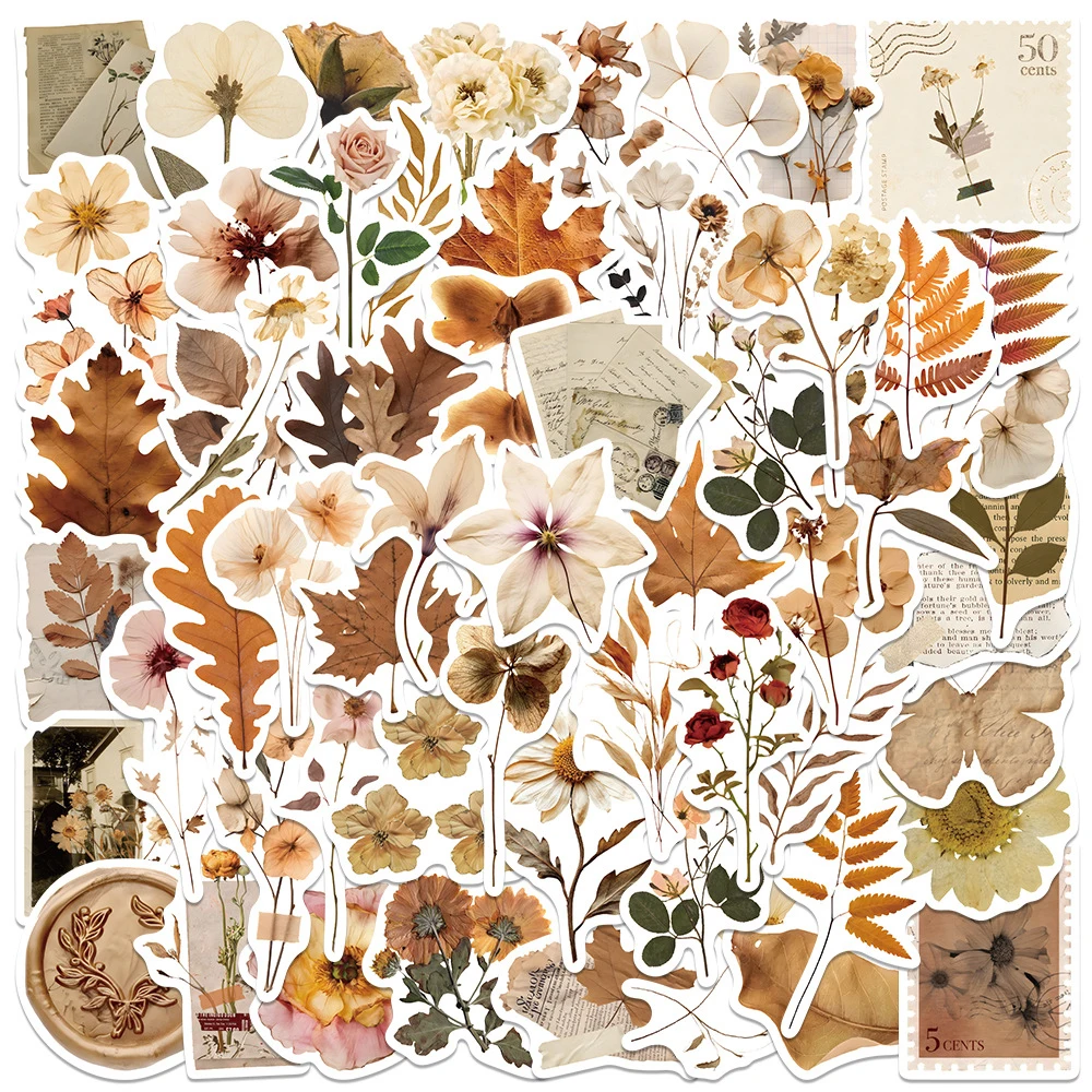 

10/30/60pcs Vintage Withered Flowers Leaves Stickers Cartoon Aesthetic Sticker Scrapbook Phone Suitcase Graffiti Decals Packing