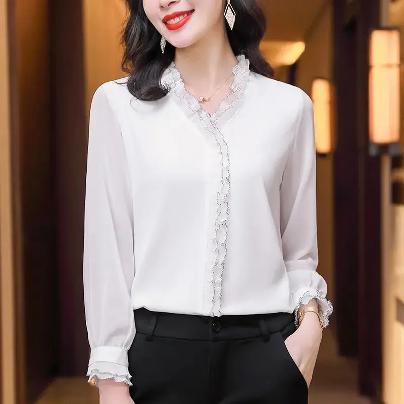 Women Ruffles V Neck Elegant Blouse New Korean Fashion Long Sleeve Business Casual Office Lady Shirt Solid Slim Chic Tops Blusas