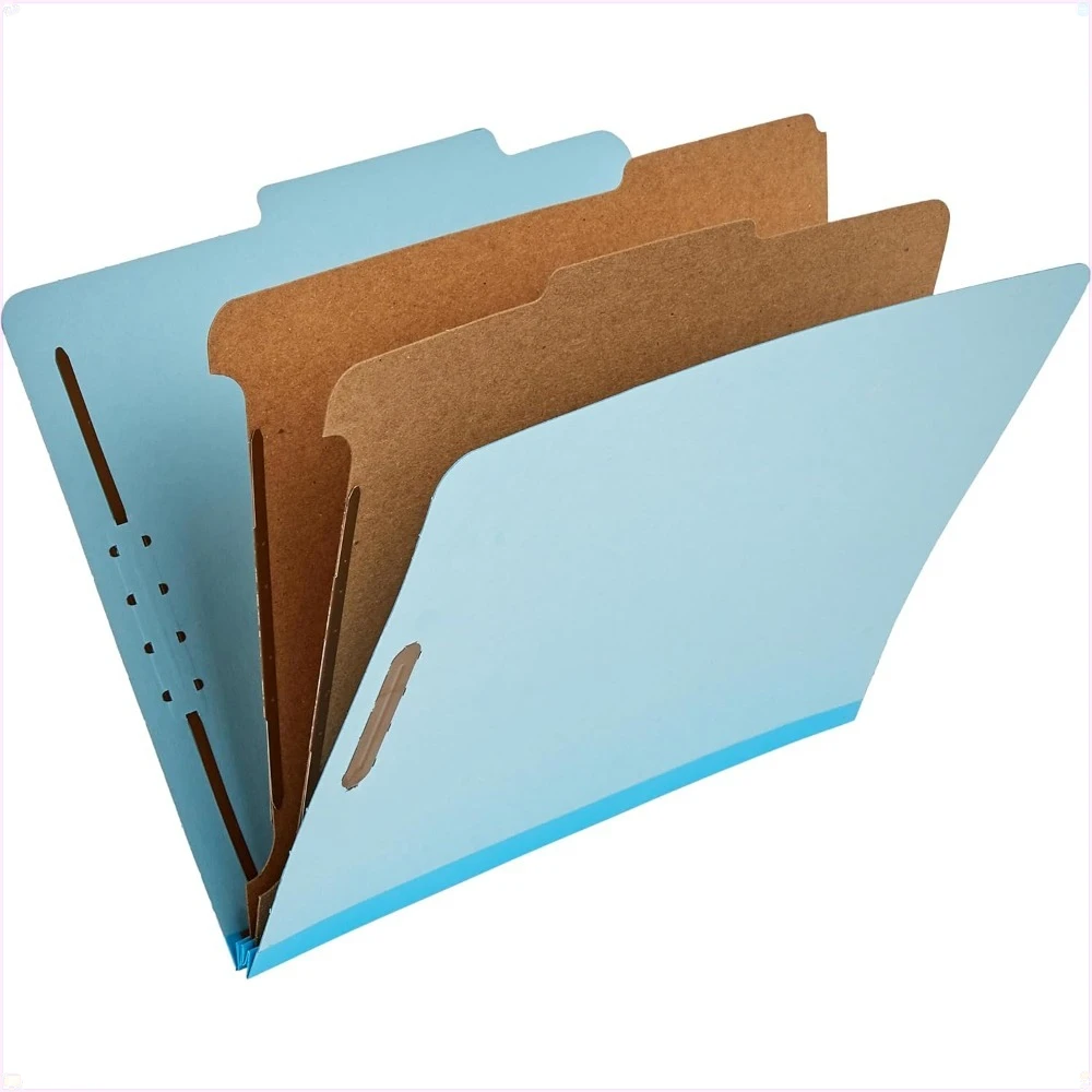 

Categorized folders with clips, 100% recyclable material, 2 dividers, 2-inch recessed dividers, light blue, 10 per box.