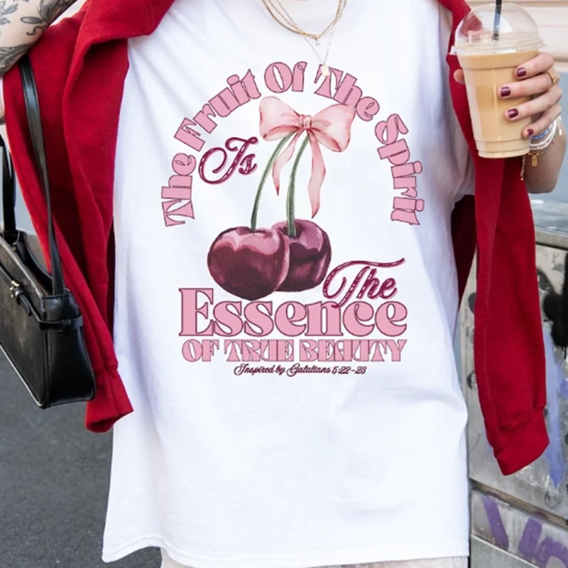 

Women's Cherry Letter Print T-Shirt Pink Bow Design Sweet Cute Short-Sleeve Casual Oversized Vintage Style Top for Daily Wear