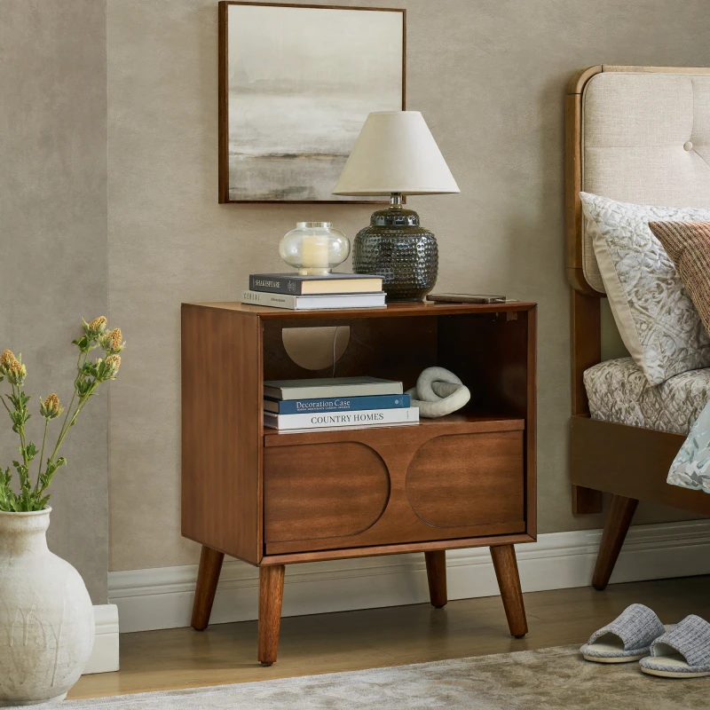 

Mid Century Modern Fluted Nightstand with Charging Station USB Ports & Outlet Hole & 4 Solid Wood Legs, Farmhouse End Table w