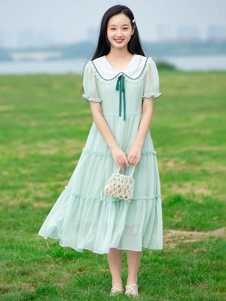 Saia Longa Estilo Princesa de Verão para Meninas, Vestido de Fada com Cintura Alta e Corte em A, Manga Curta, Gola de Boneca,...