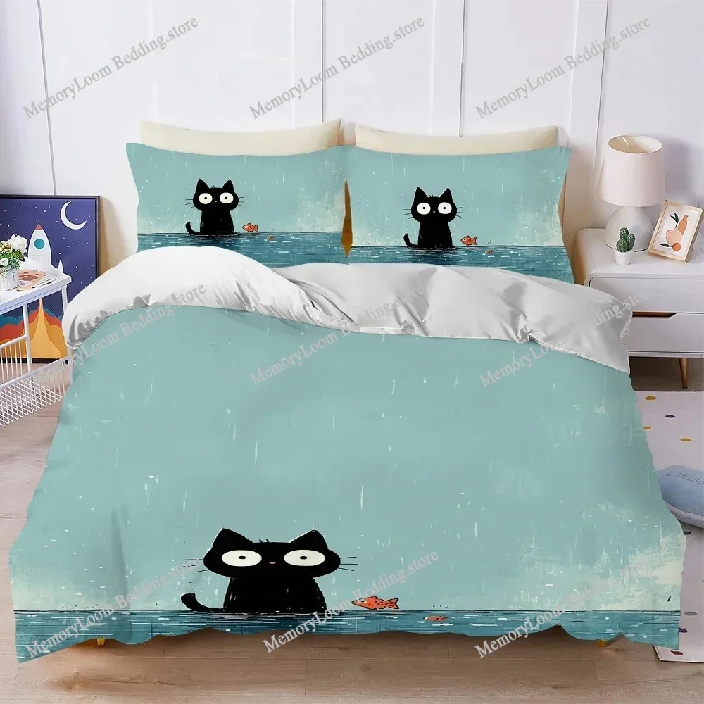 Cute Black Cat And Fish Duvet Cover Set Home Style Bedding Soft Laundry Cotton Bed Student Dormitory Gift Home Textileextile029
