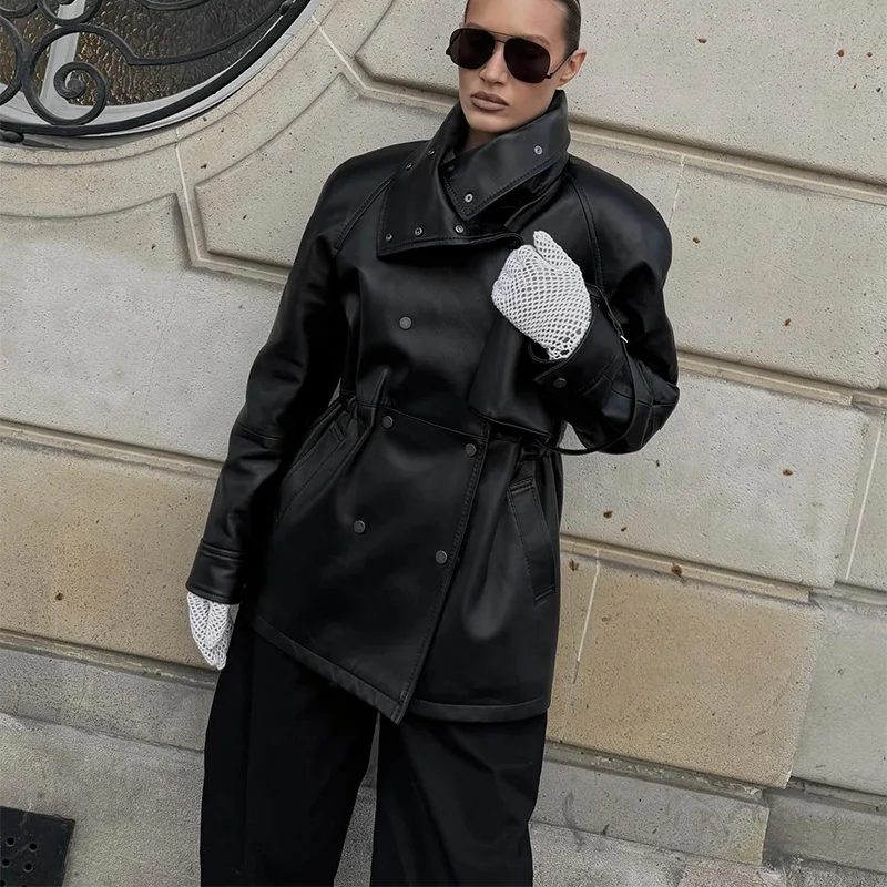 Vintage schwarze Kunstlederjacken für Damen, lässig, zweireihig, Stehkragen, schmale Mäntel, 2025, Herbst-Dame, High-Street-Outfits