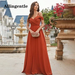 Allingentle vestido de dama de honor naranja quemado con cuello en V, gasa con tirantes finos, hombros descubiertos, línea A fruncida, vestidos de noche largos hasta el suelo