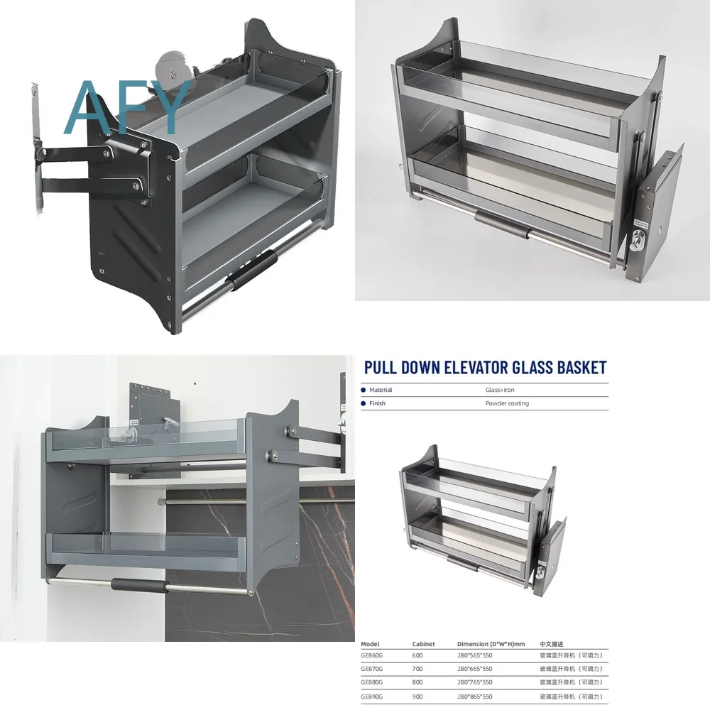 Glass Elevator Lift for Kitchen Cabinets Food Organizer Pull Down Shelf Upper Wall Storage Hanger Lifting Basket Cabinet