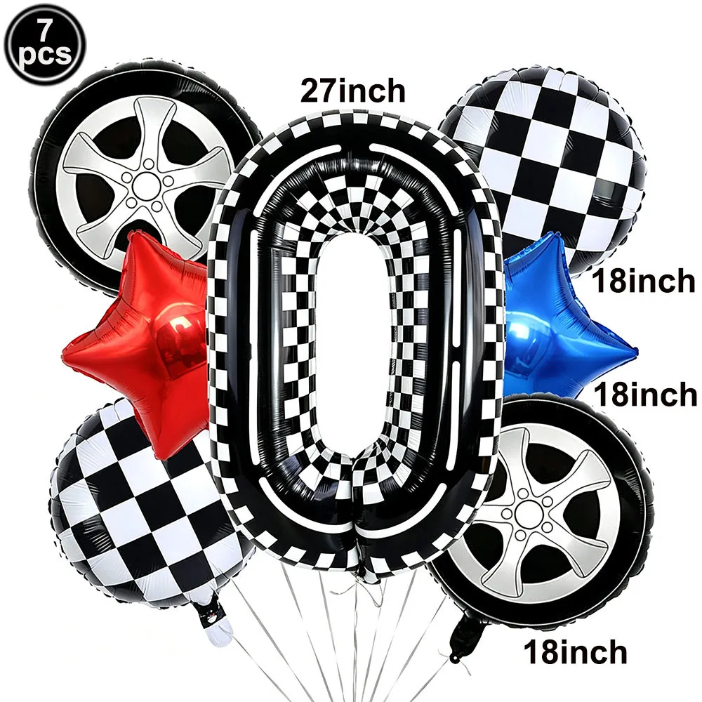 Race Car Balloon Black White Checkered Flag Tire Foil Balloon Number Balloon Set for Racing Car Theme Birthday Decorations - view 2