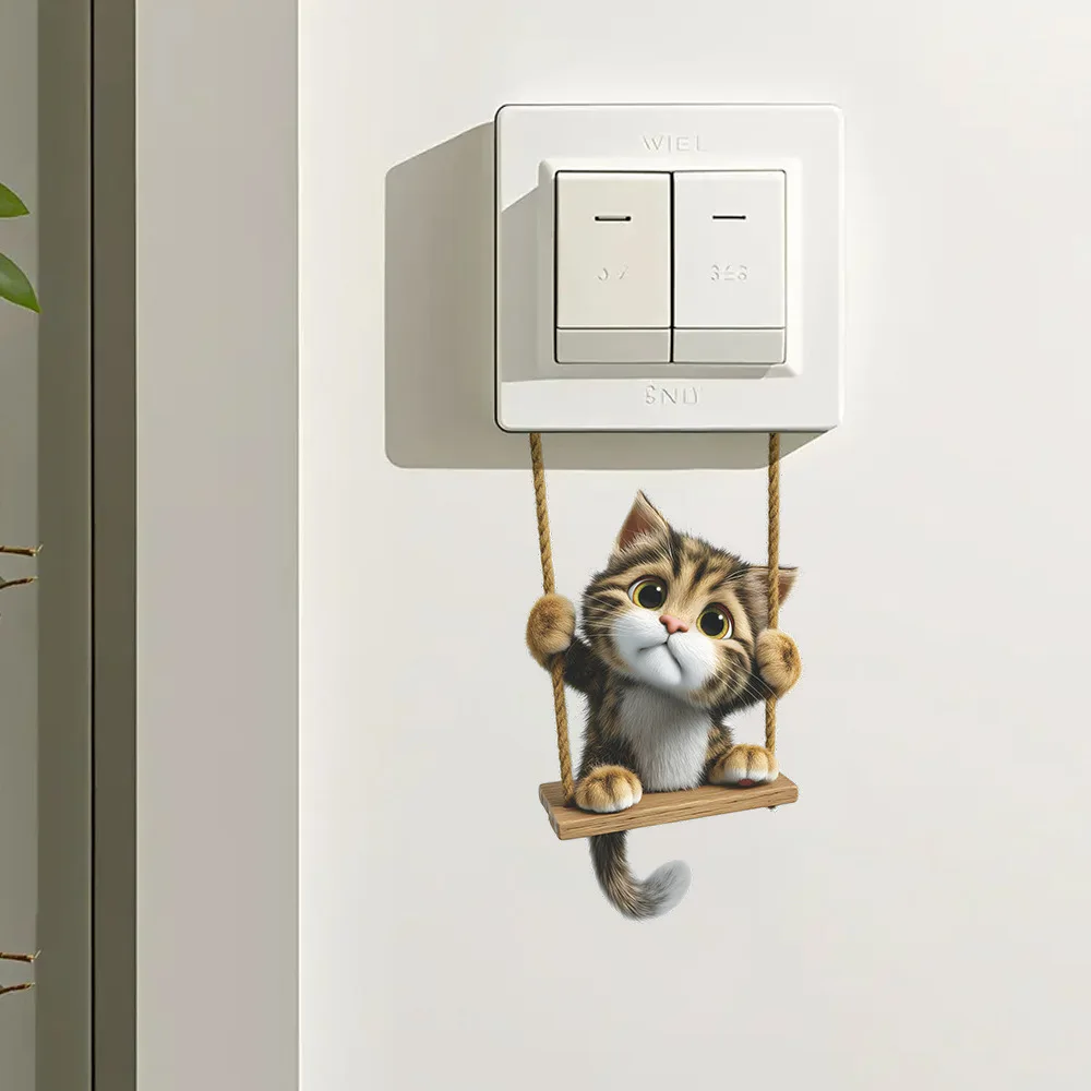 Cartoon Swing Cat Switch Sticker Kids Room Decoration Wall Decals Bedroom Background Decor Self-adhesive Home Cute Kitten Mural