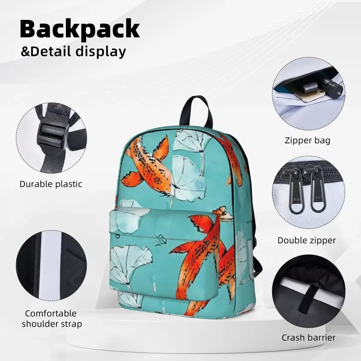 Waterlily Koi In Turquoise Woman Backpacks Boys Bookbag Fashion Students School Bags Portability Laptop Rucksack Shoulder Bag