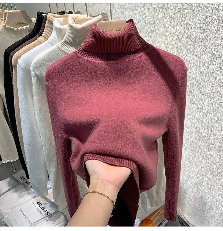 2025 New Thicken High Collar Pullover Women's Sweater Top Winter Warm and Soft Solid Color Inner Wear Bottoming Shirt