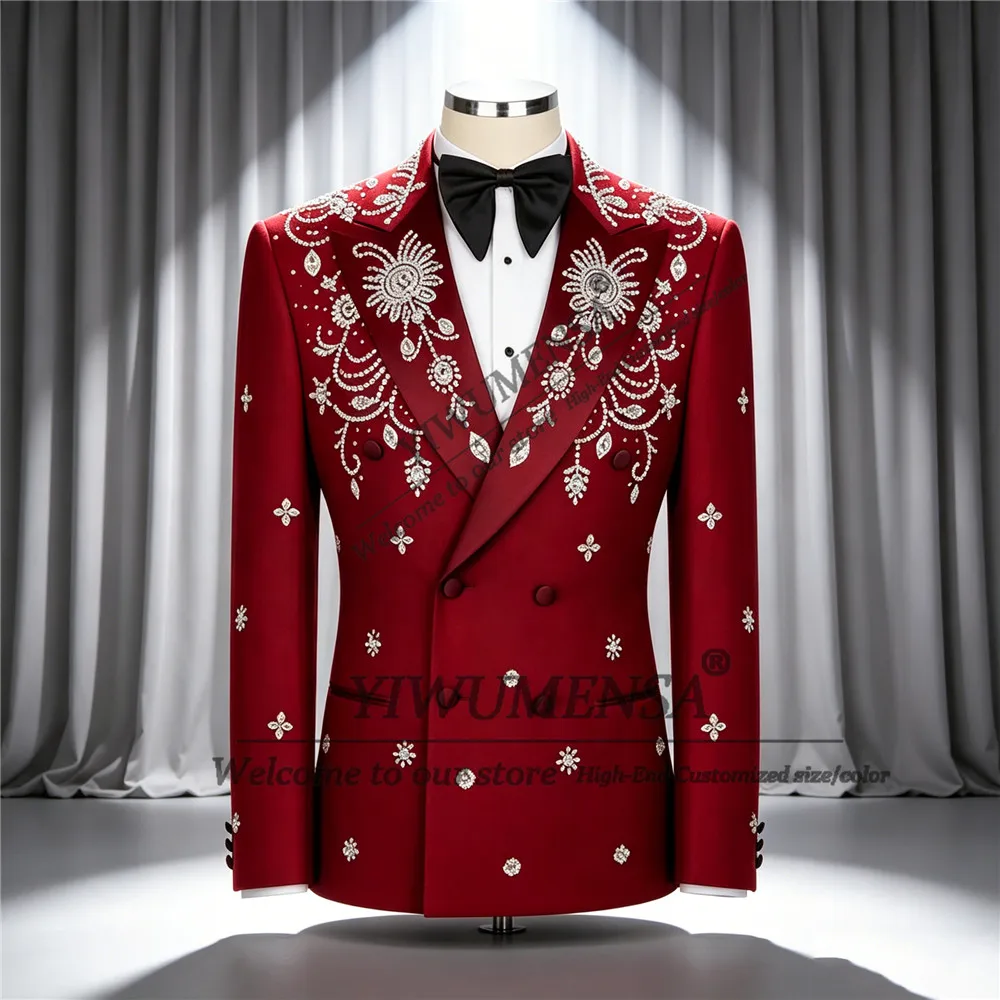 Male Fashion Suit For Wedding Diamond Beaded Jacket Pants 2 Pieces Groom Formal Wear Prom Blazers Customized Man Party Outfits