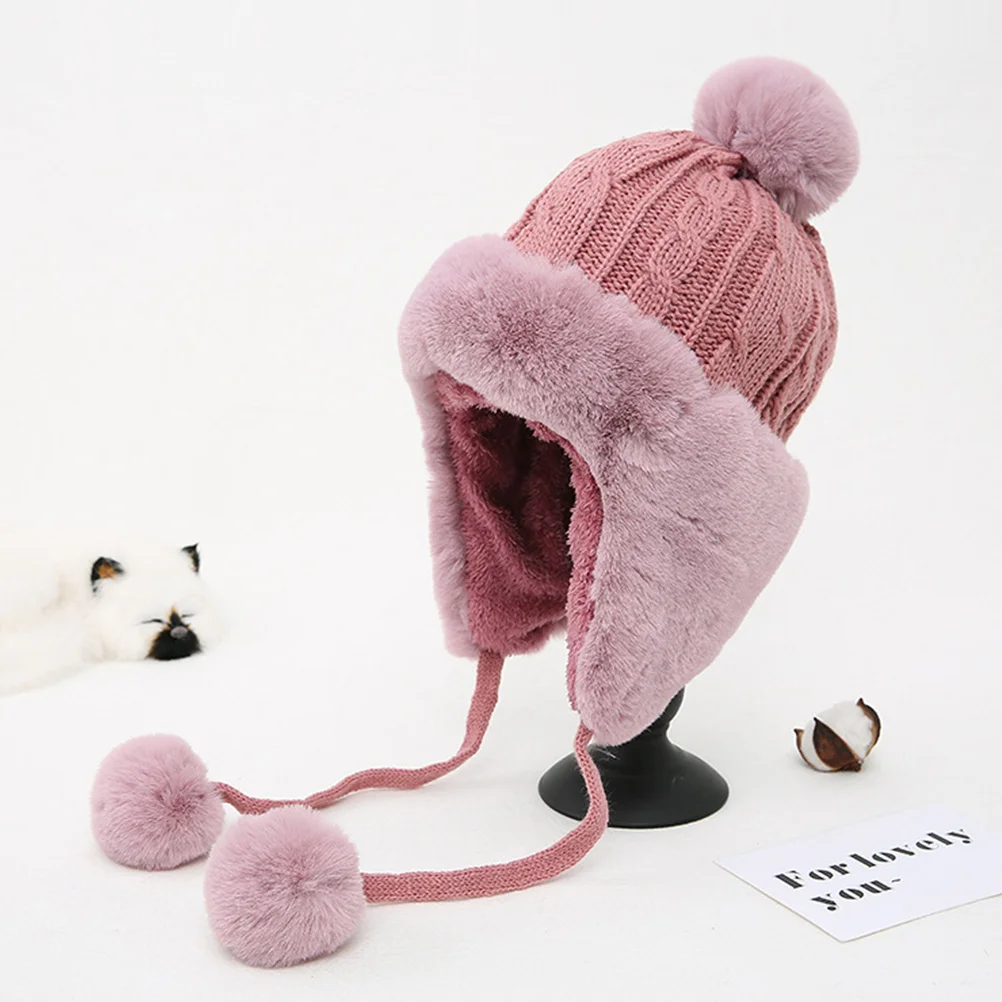 

Cozy Knitted Earmuff Beanie with Pom Pom and String Winter Warm Hat for Adults Earflap Design Knitted Hat with Earflap