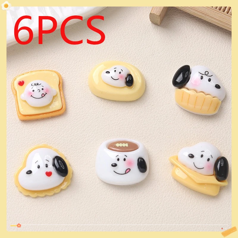Juguete de decoración de resina de Snoopy, accesorios DIY, horquilla hecha a mano, manualidades, postre de dibujos animados para niñas, adorno de funda de teléfono de Gel crema DIY, 6 uds.