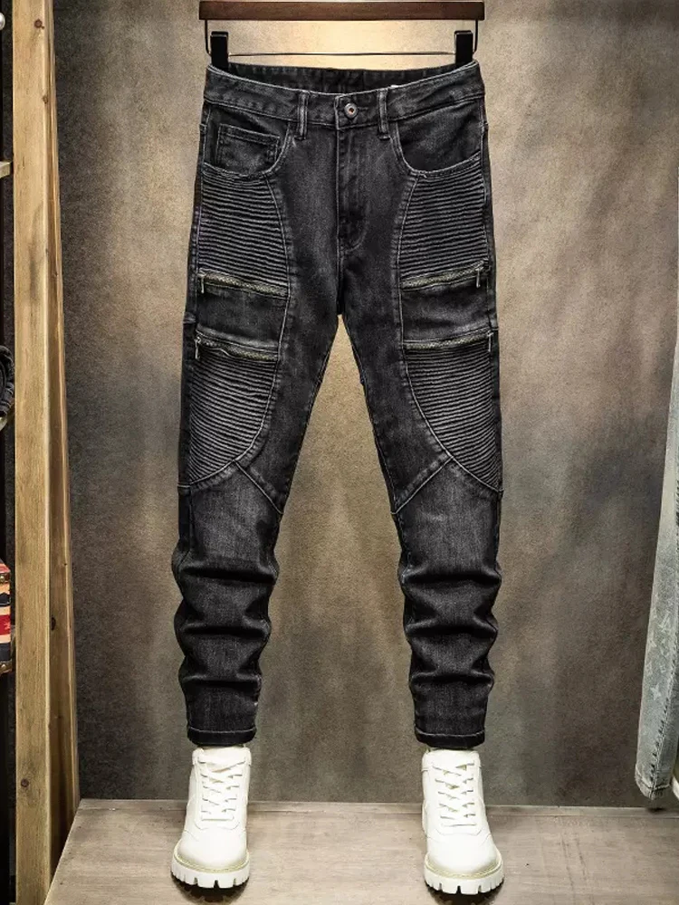High Street Fashion Men Jeans Retro Black Gray Elastic Stretch Skinny Fit Ripped Jeans Men Patched Designer Hip Hop Biker Pants