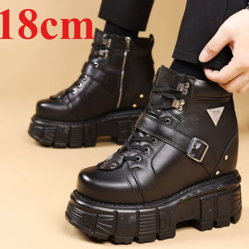Genuine Leather Motorcycle Boots Shoes for Men's 18cm Elevator Boots Banquet Host Stage Bar Date Actor Leisure Increasing Shoes view 3