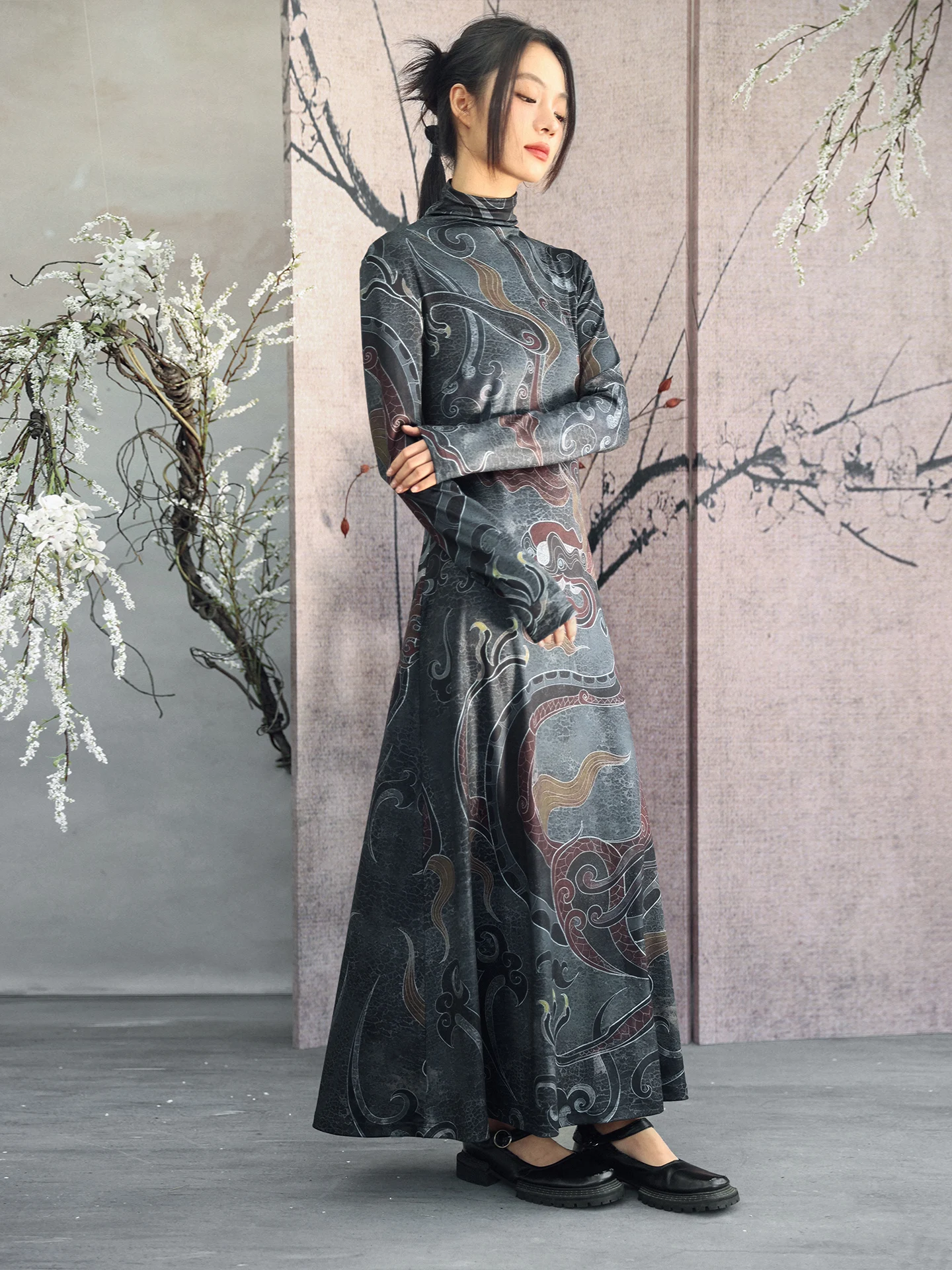 

Elastic Knitted Long Dress Women's Slim Fit Print Vintage Style High Elasticity Spring Autumn Season Dress