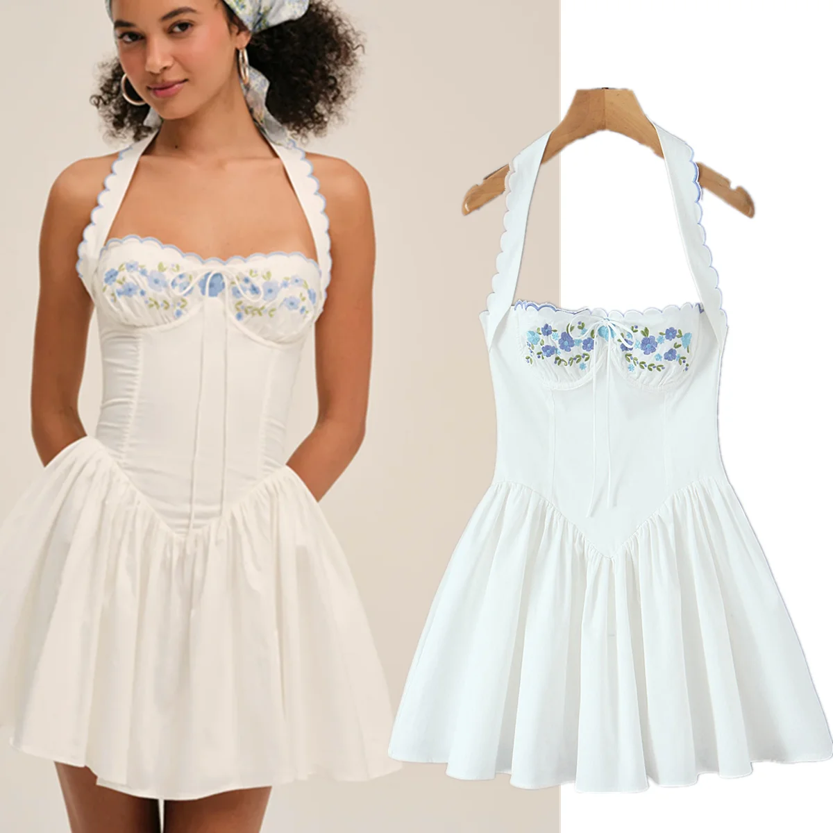 

Jenny&Dave French Romantic Elegant Floral Embroidery Slim Fit Dress 2026 Summer Cotton Elegant Party Dresses Vestidos Halter Wom