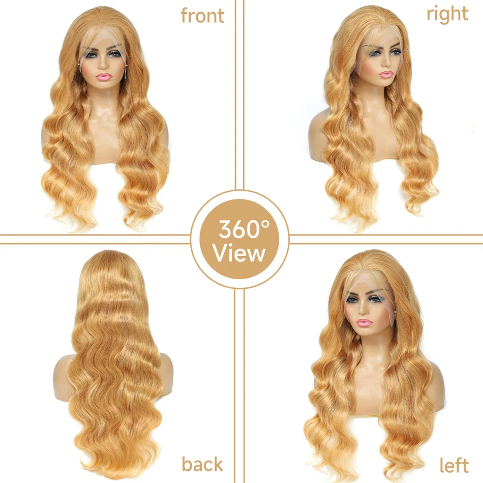 Perruque Lace Front Wig Body Wave Naturelle, Cheveux Lisses, Couleur Blond Miel Transparent 27 #, 13x4, 32 Pouces