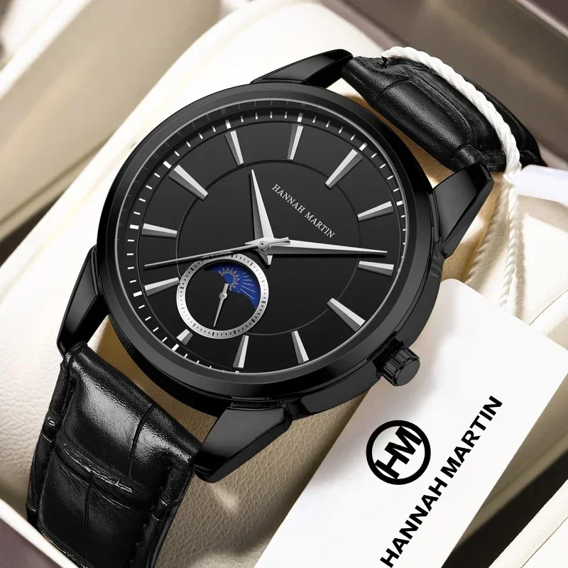 Hannah Martin Quartz Wristwatch 1631 Business Watches for Men Fashion Moon Phase Leather Strap Waterproof Relogios Masculino