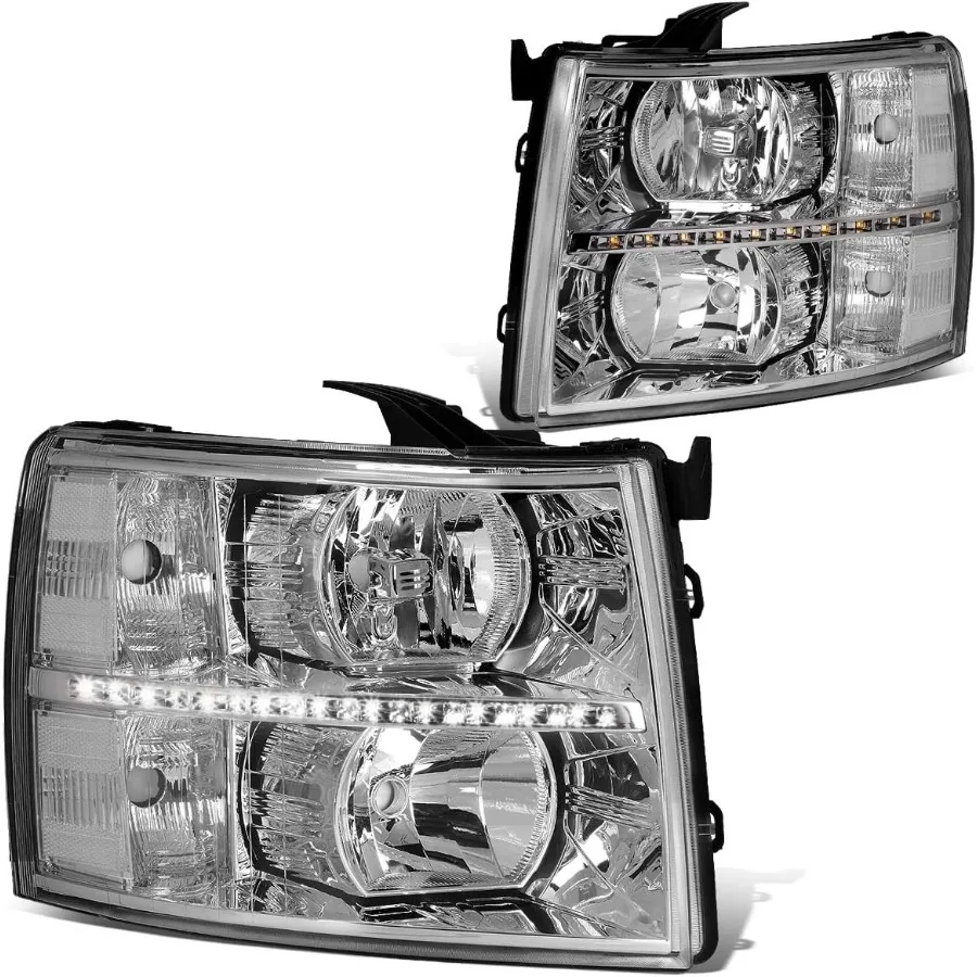 

Pair LED DRL Headlights for 0713 Chevy Silverado 1500 and 0714 Silverado 2500 3500 HD with Chrome and Clear Lens Design Enhance
