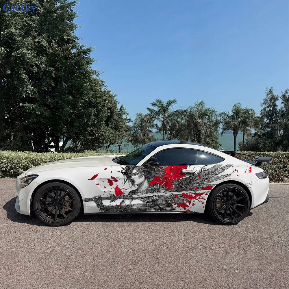 

2pcs Black & White Female Samurai Car Side Wraps, Self-Adhesive PVC Waterproof & Scratch-Resistant Stickers, Car Accessory Gift