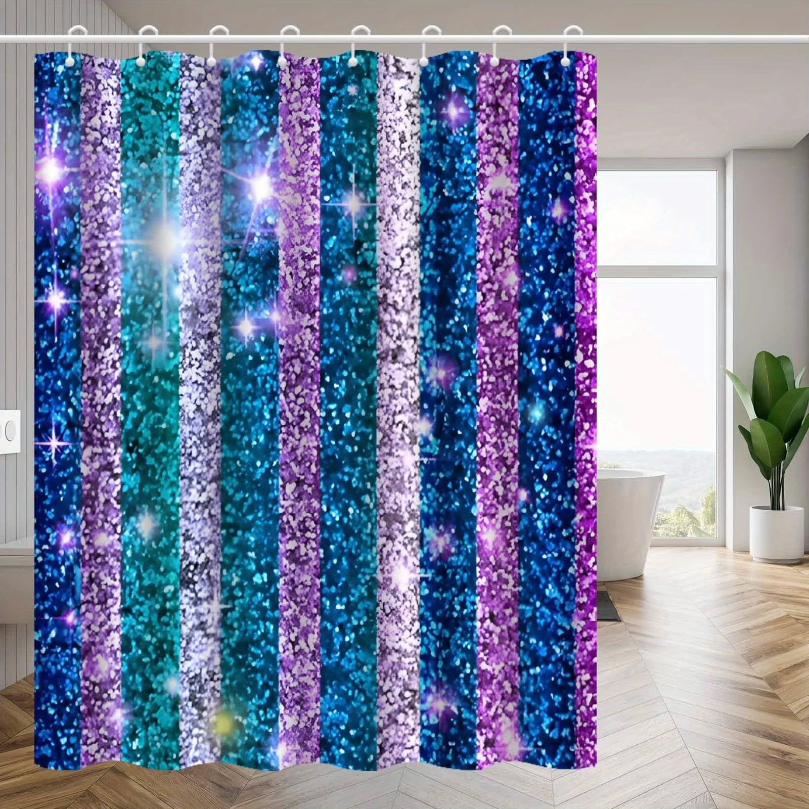 1pc Colorful Striped Sequin Pattern Shower Curtain, High-end Elegant Bathroom Curtain, Bathroom Decoration Pattern