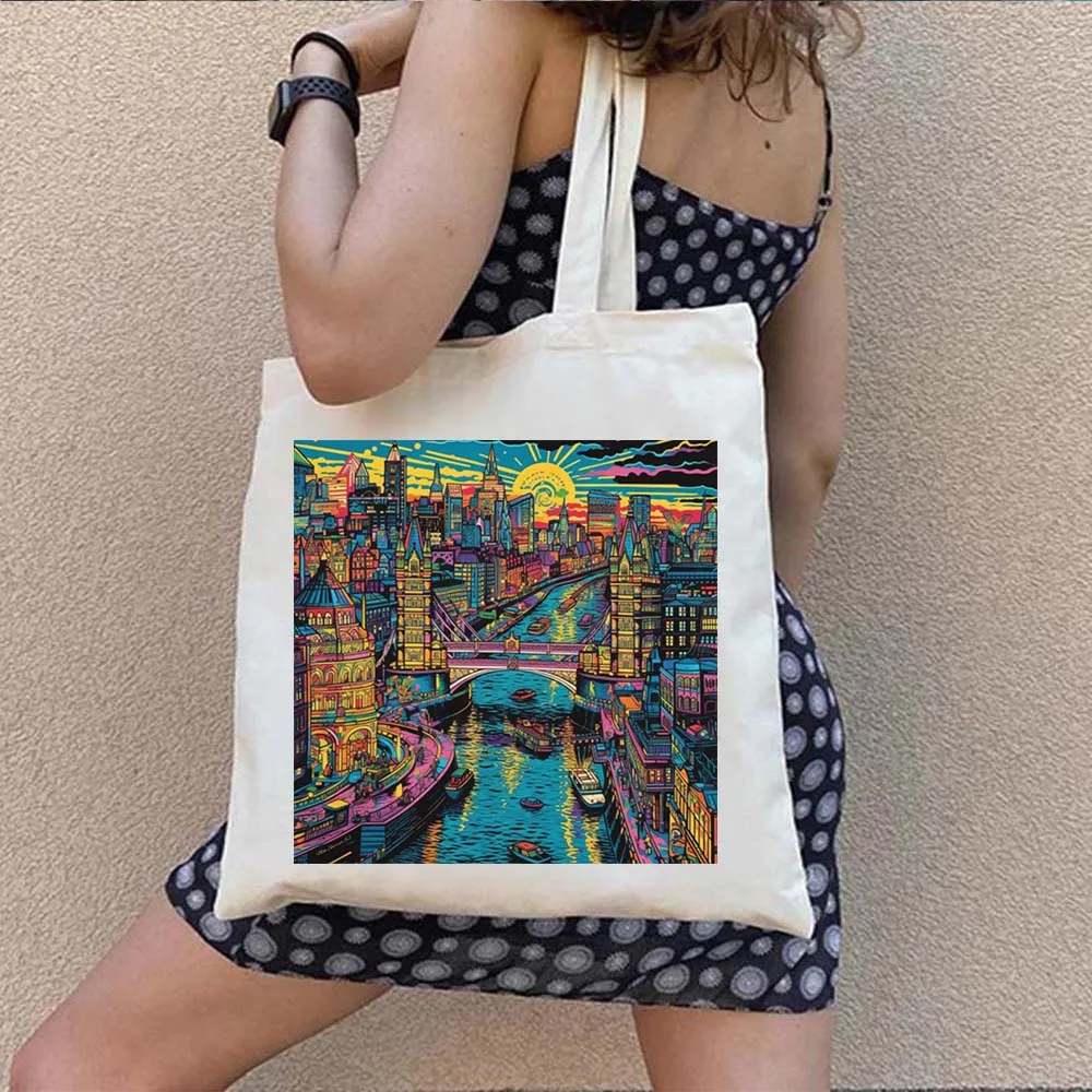 Neon Pop Places Brazil Italy Tokyo London Paris Harajuku Canvas Tote Bag Foldable Shoulder Bag Women\'s Shopping Shopper Handbags