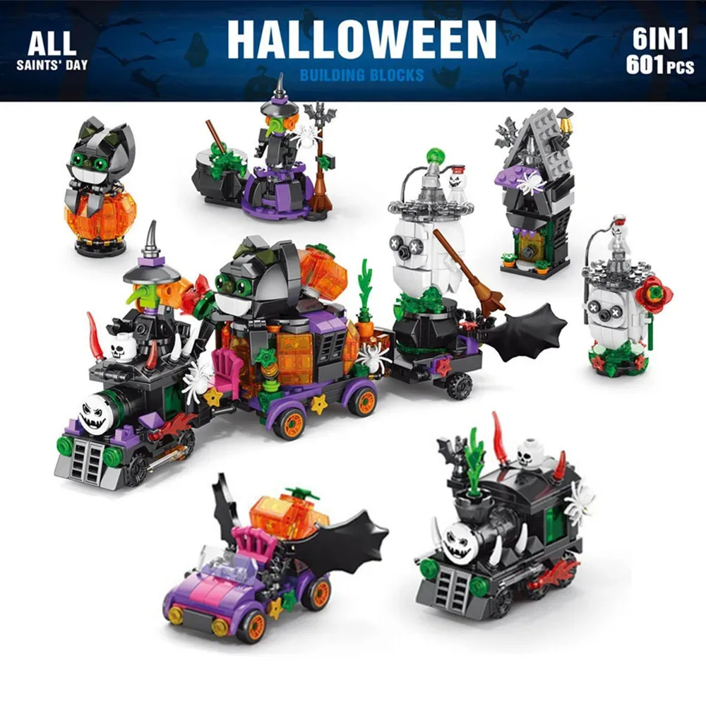 

6 In 1 Halloween Ghost Train Block DIY Witch Cat Pumpkin Lantern Haunted House Building Brick Toy