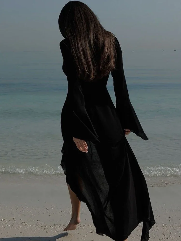 BWQ Ruffle Bikini Cover-Ups Women Beach Cover Up Elegant Long Sleeve Lace Up Summer Solid Fashion Female Holiday Beachwear