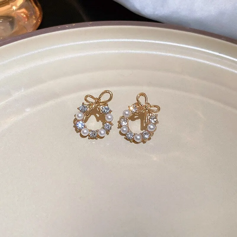 Minimalist Round Bow Knot Earrings For Women Temperament Fashion Rhinestone Imitation Pearl Stud Earrings Party Wedding Jewely image 2