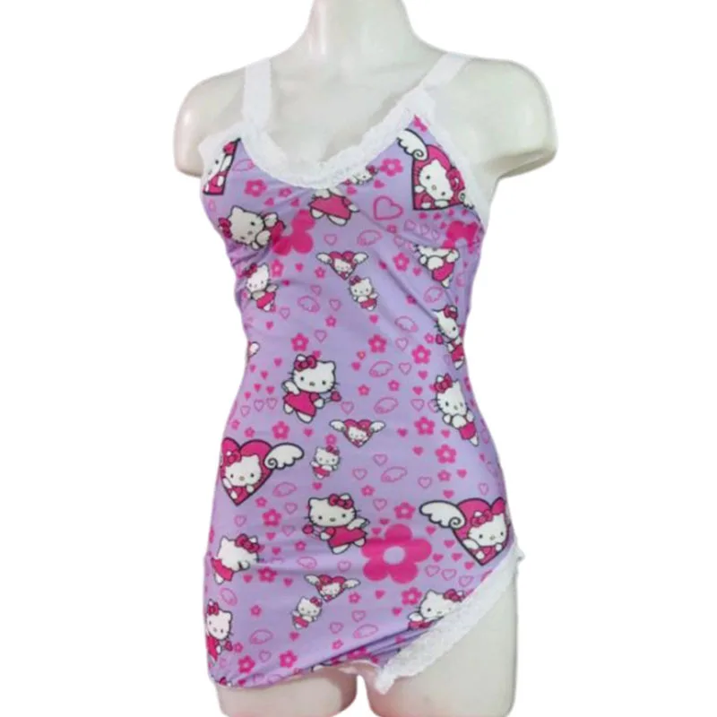 Sanrio KT kawaii Girls Sling Lace Sleepwear Nightgown Milk Silk V-neck Home Clothes Anime Nightwear Sleepshirts