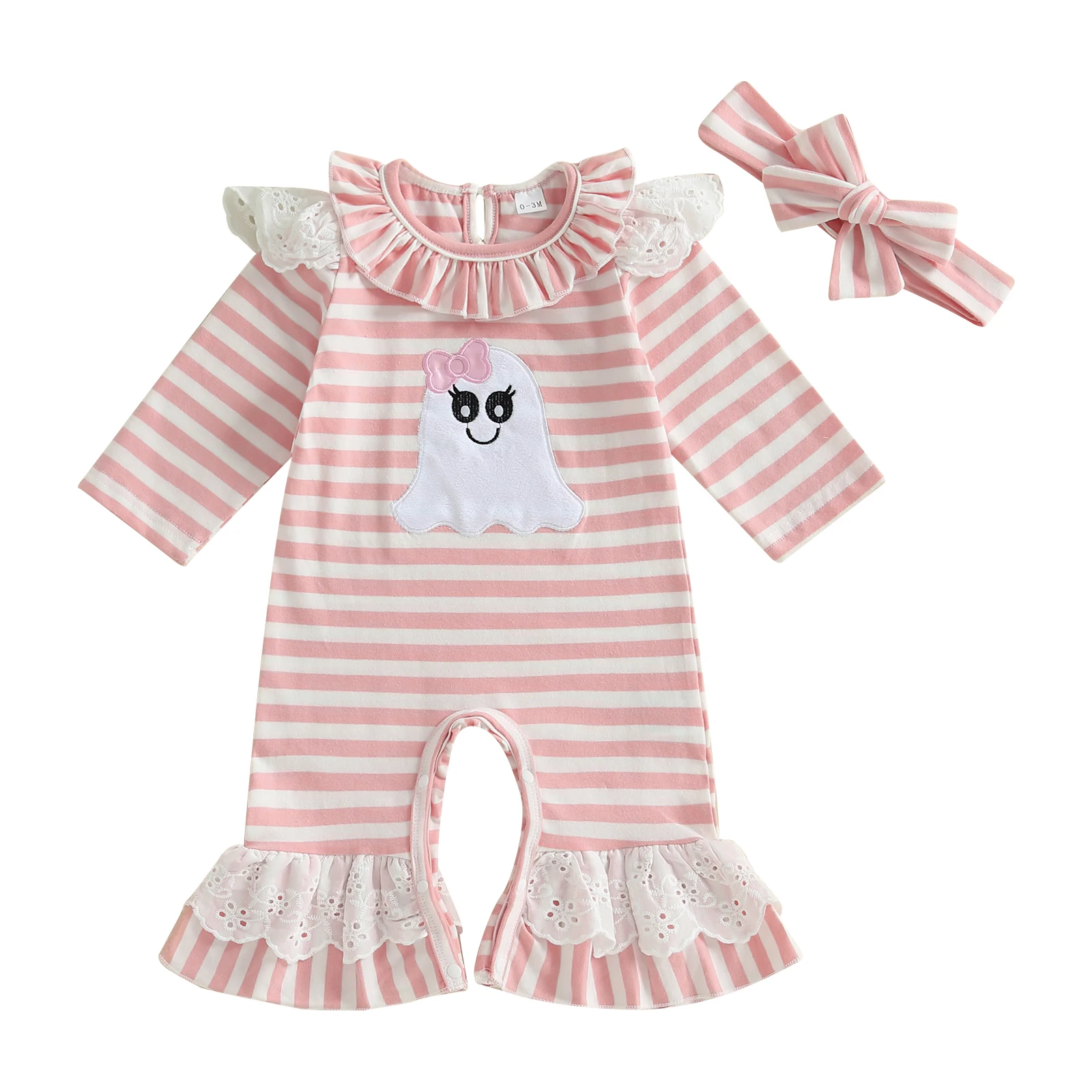 

Baby Girl Halloween Jumpsuit Long Sleeve Ruffled Round Neck Ghost Rugby Turkey Embroidery Striped Romper with Headband