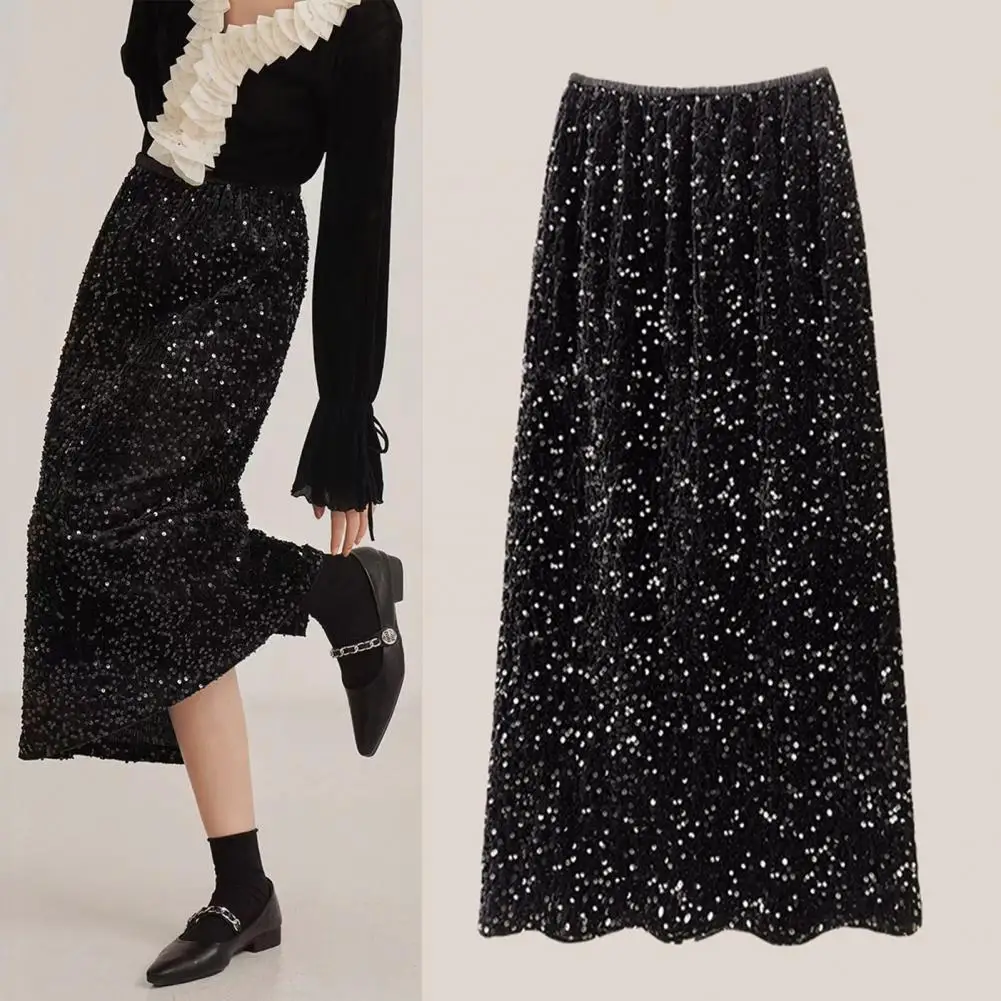 Sequin Embellished Skirt Flattering Velvet Midi Skirt Elegant Velvet Midi Skirt with High Waist Sequin for Parties for Women