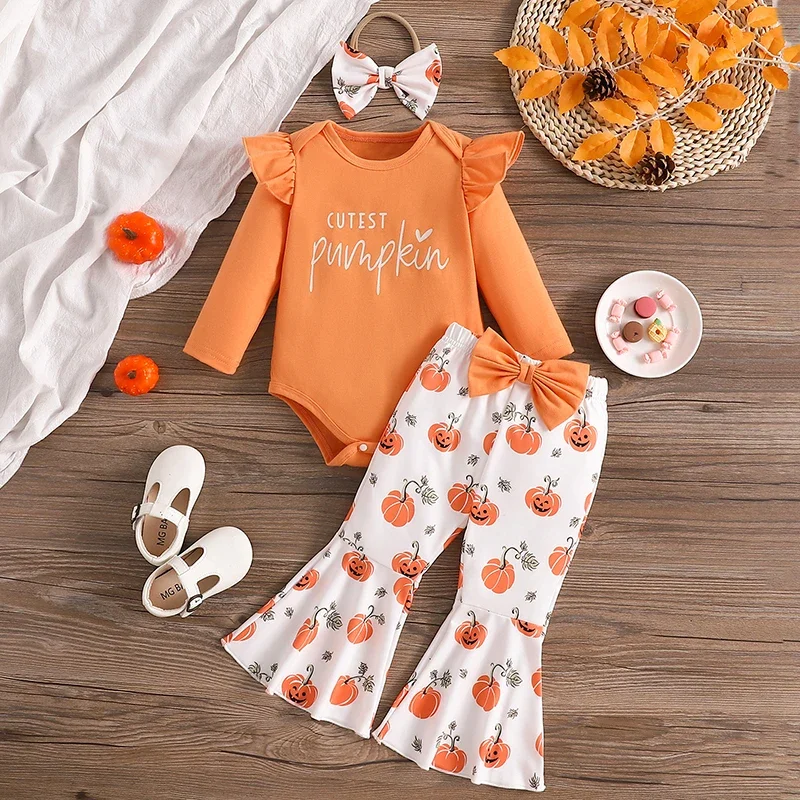 3Piece Baby Girls Halloween Clothes Set Long Sleeve Ruffled Romper Flare Bow Pants Hair Band Letter Witch Pumpkin Print Outfits