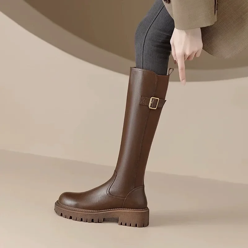 New Knee-length Boots Women Fashion Chunky Heel Platform Long Boots Autumn and Winter Female Brown Round Toe Zipper High Boots