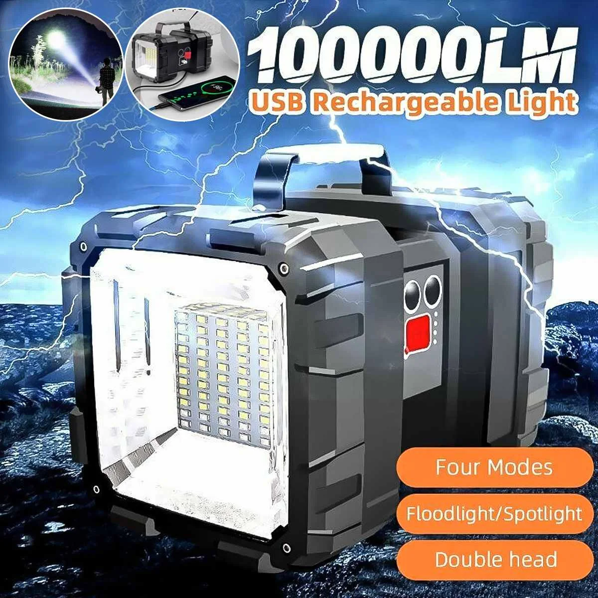 Super Bright XHP70 LED Flashlights USB Rechargeable Double Head Searchlight Handheld Work Light Lantern Spotlight Floodling Lamp