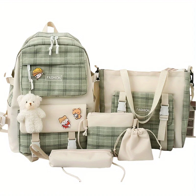 

Cute Plaid Cartoon Canvas Five-Piece School Bag, Large Capacity Casual Simple Backpack, Women's Travel Bag Cosmetic Bag, for Girls And Women, Adaptable Stationery Bag, Women's Wallet, Women's Crossbody Bag, Women's Hand Bag (No Bear Pendant)