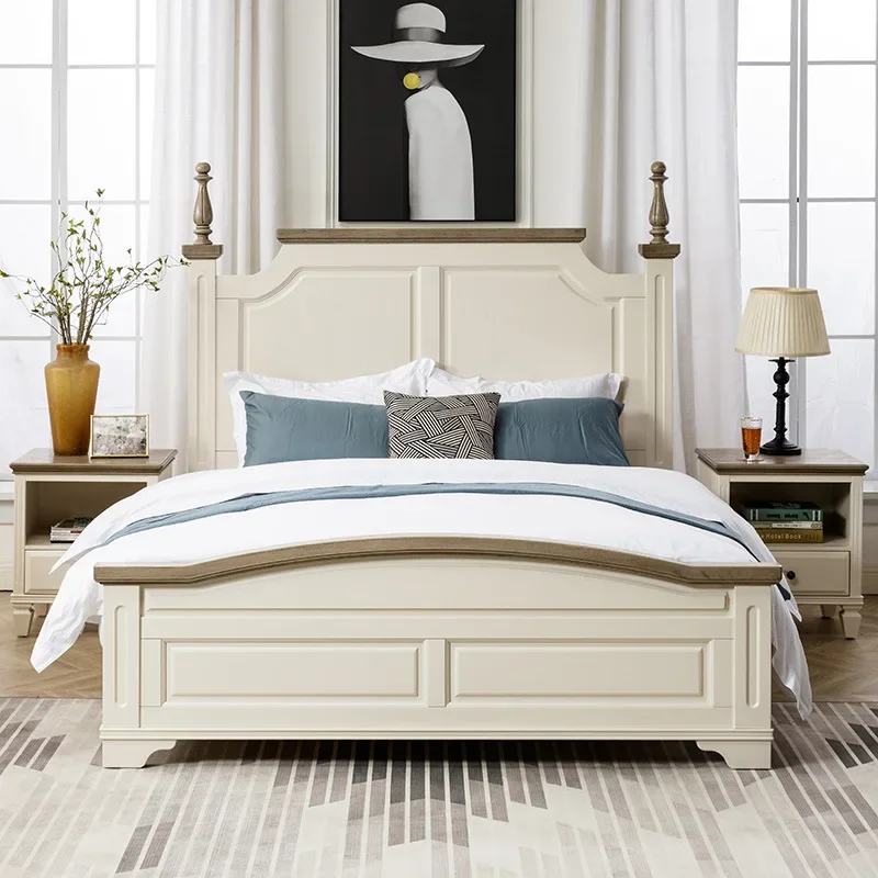 French retro solid wood backrest double American master bedroom 1.8 meters bed light luxury oak 2