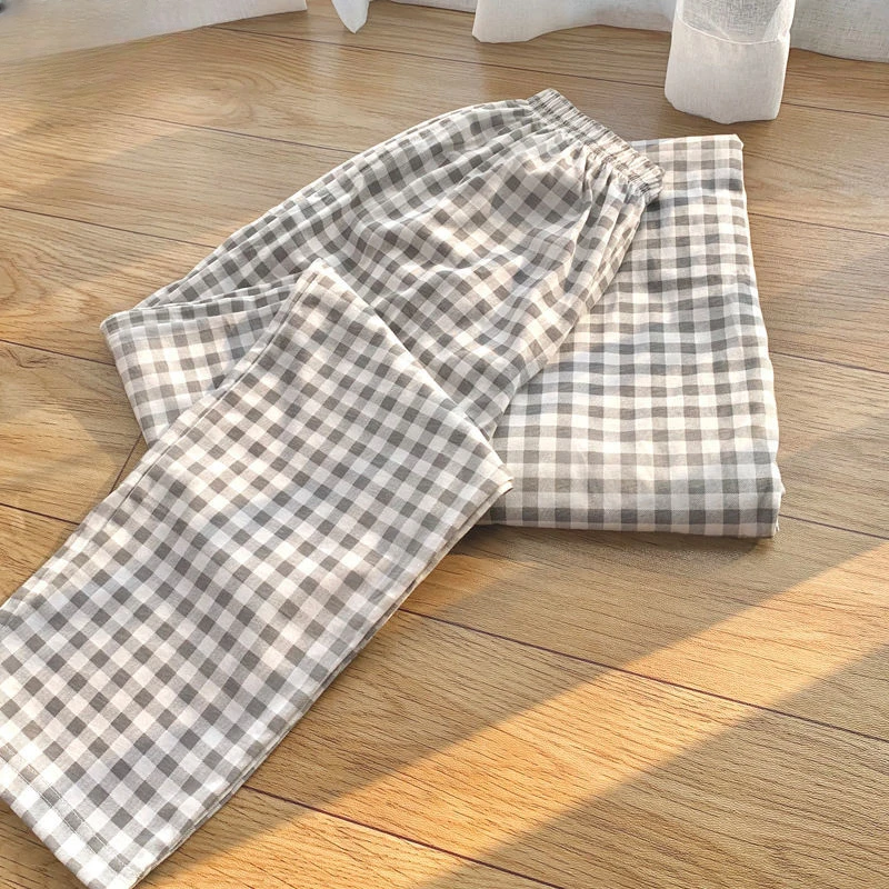 Pure cotton Pajama pants male summertime thin long pants male Japanese series Plaid fallow loose Extra large Spring and Autumn