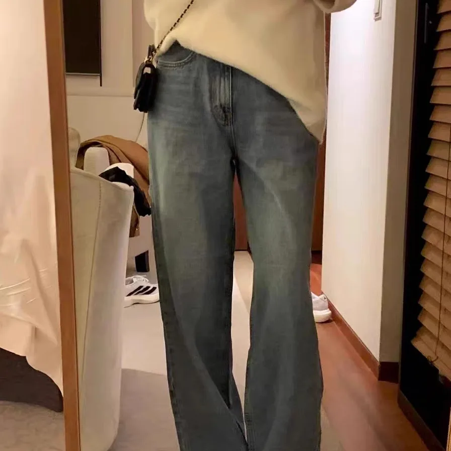 Pantaloni lunghi jeans larghi versatili di base a gamba dritta blu per donna a vita alta slim Sle autunno nuovo arrivo