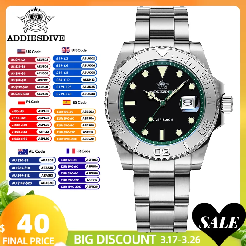 ADDIESDIVE Diver Watch For Men 41mm Luxury Quartz Watch 200m Diving Sport Stainless Steel Bezel Super Luminous Men's Watches New