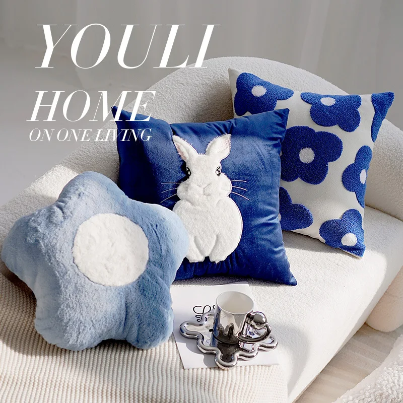 Nordic Cute Blue Ins Wind Cushion Modern Plush Flower Animal Rabbit Sofa Living Room Bedside Pillow Cover