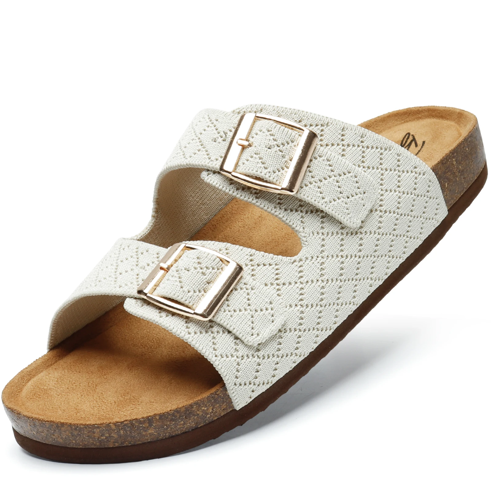 Bacia Womens Cork Footbed Slides Comfort Adjustable Double Buckle Flat Sandals with Memory Foam