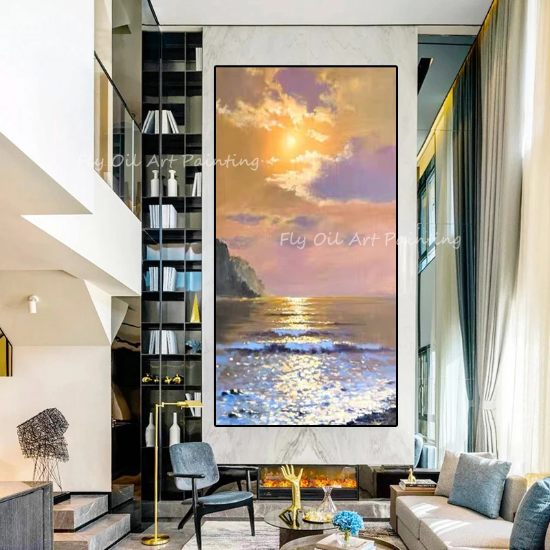 

100% Handmade ocean seaside thick sunset landscape oil painting for office living room decoration